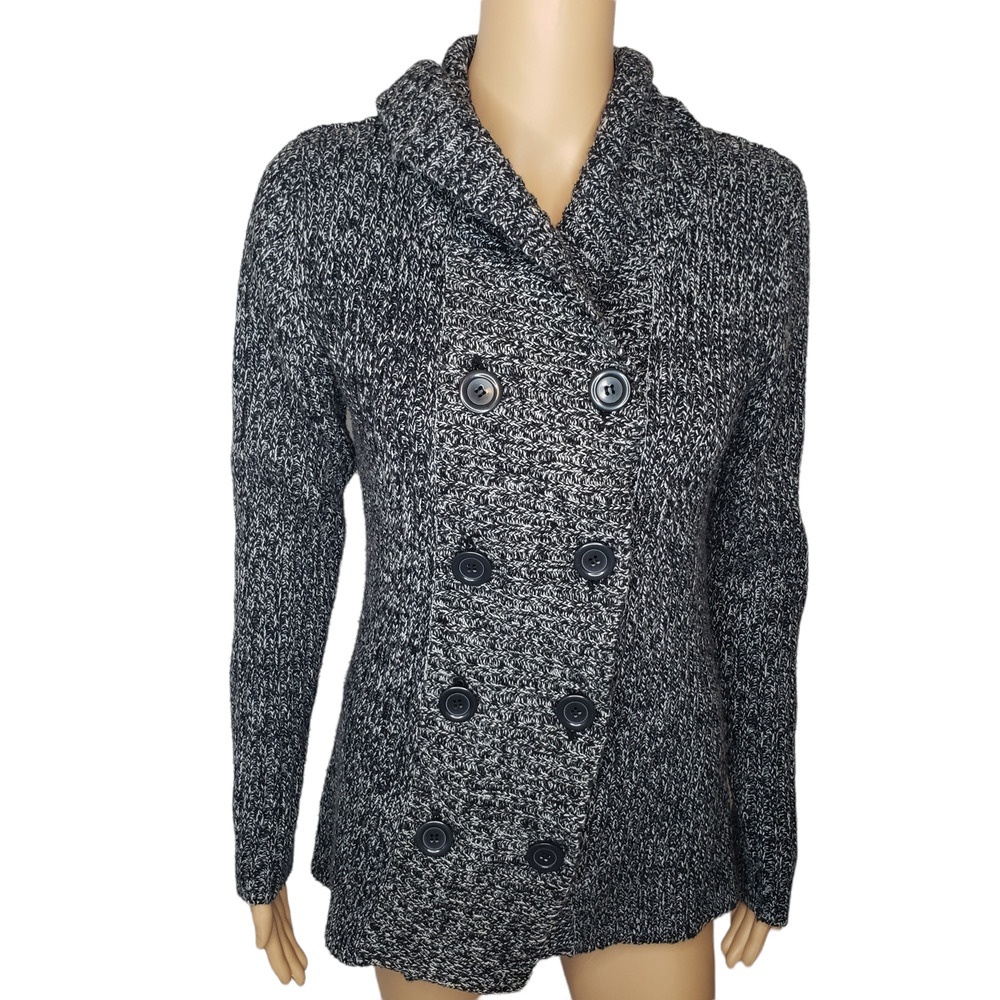 Effeci Women's Black White Marled Knit Double Breasted Hooded Sweater‎ Coat M